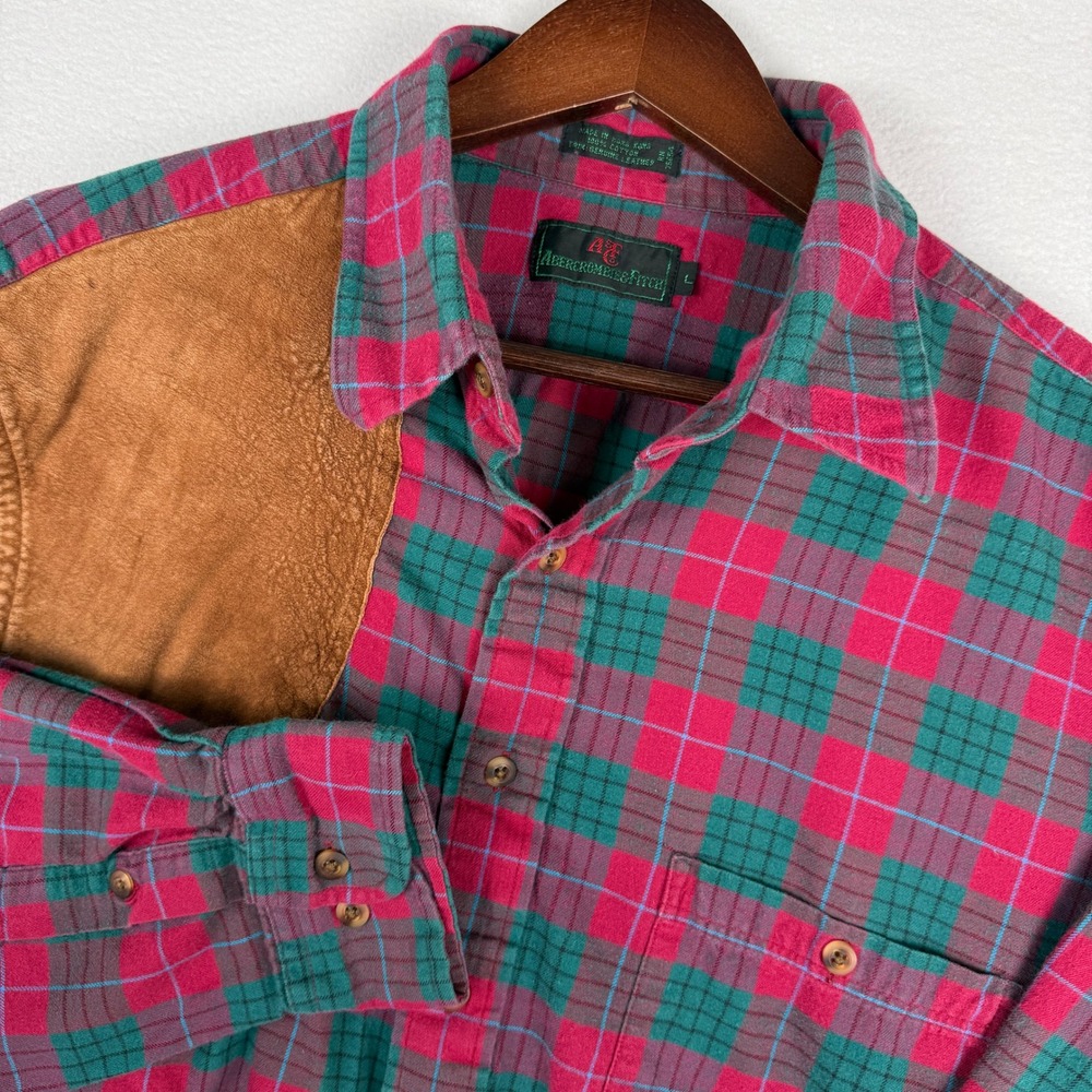 VTG Abercrombie & Fitch Flannel Shirt Mens L Red Green Plaid Shooting‎ Patch 90s